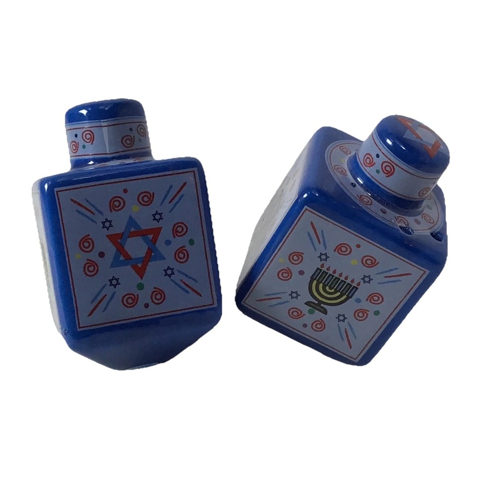 Hanukah Dreidel Salt and PepperShakers  Blue Menorah Star of David Ceramic 3"